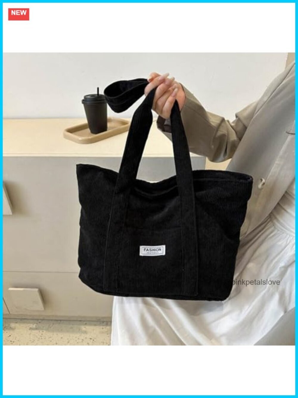 Canvas Corduroy Tote Bag with Pockets for Travel Work Shopping
